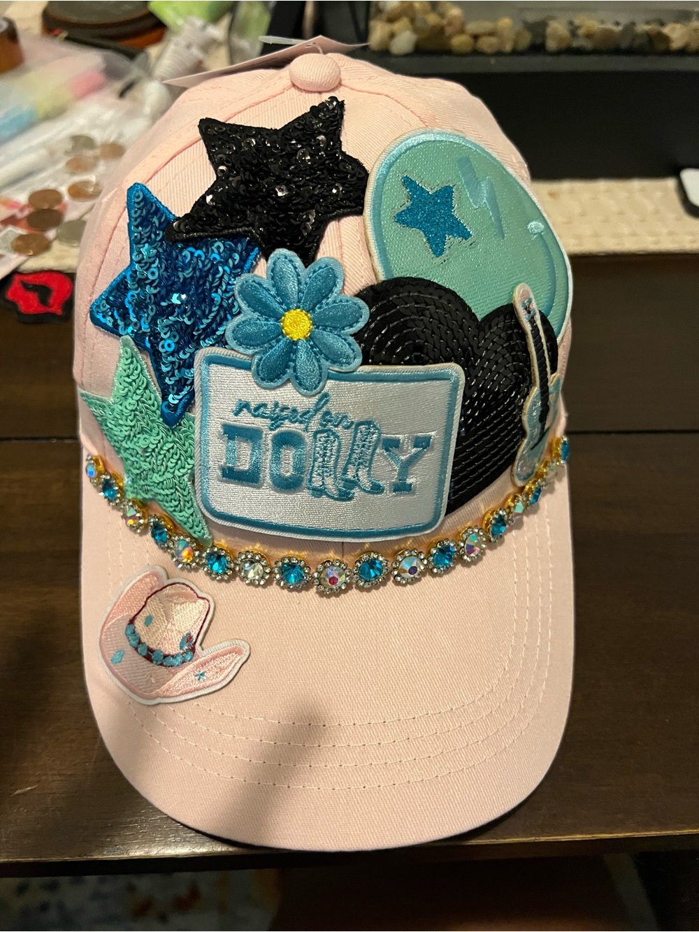 Pink Embellished Baseball Cap with Sequin Patches